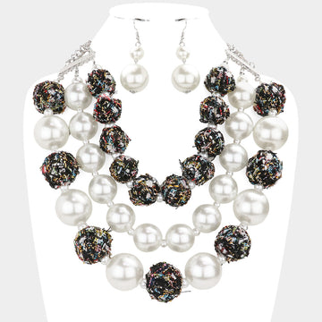 Madeline Love Black Tweed Fabric Ball Pearl Triple Layered Bib Necklace - Necklaces