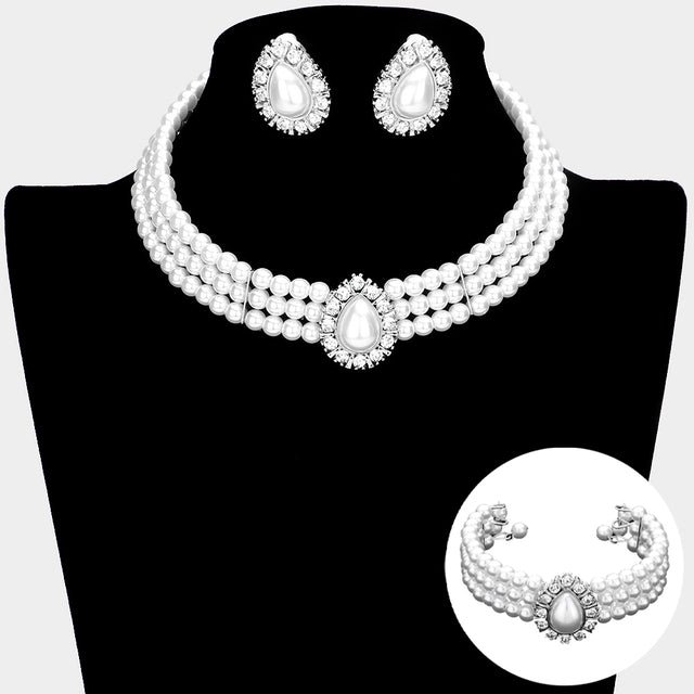 Madeline Love White 3PCS Teardrop 3-Row Pearl Choker Necklace Jewelry Set - Necklaces