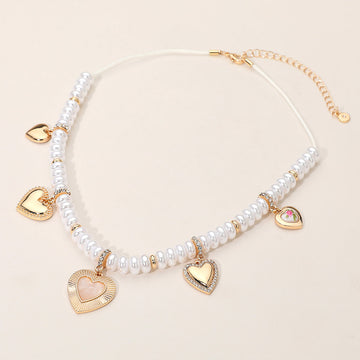 Madeline Love Cream, Gold Multi Heart Charm Station Pearl Beaded Necklace - Necklaces