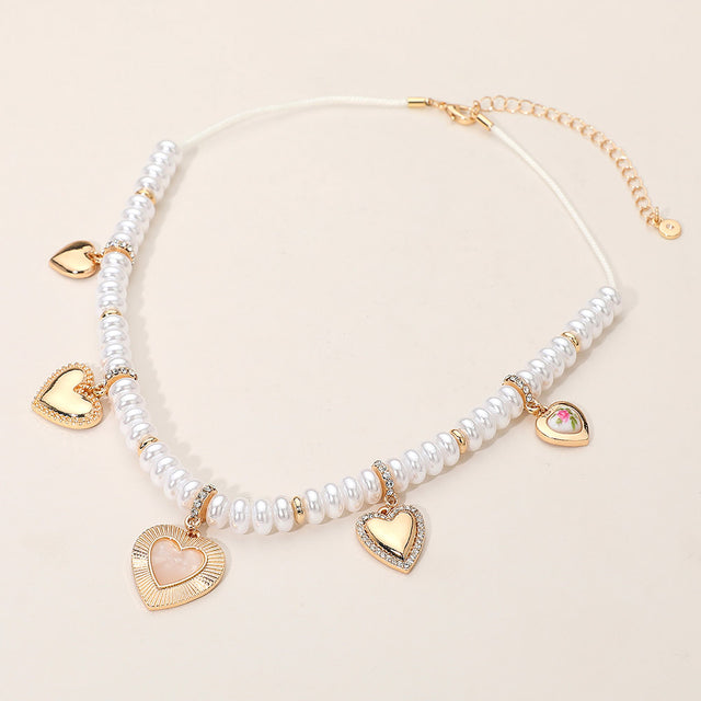 Madeline Love Cream, Gold Multi Heart Charm Station Pearl Beaded Necklace - Necklaces