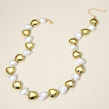 Madeline Love Cream, Gold Pearl Metal Heart Beaded Necklace - Necklaces
