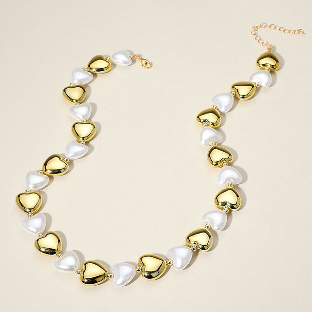 Madeline Love Cream, Gold Pearl Metal Heart Beaded Necklace - Necklaces