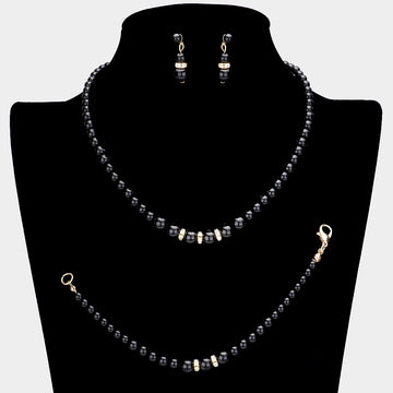 Madeline Love Black 3PCS Crystal Detail Pearl Necklace Jewelry Set - Necklaces