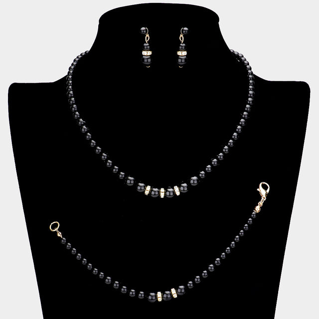 Madeline Love Black 3PCS Crystal Detail Pearl Necklace Jewelry Set - Necklaces