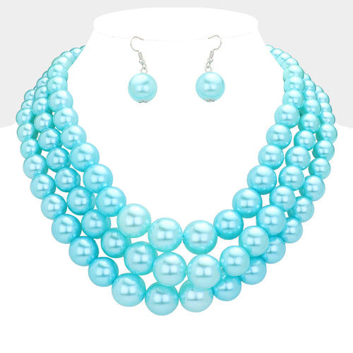 3Row Strand Pearl Necklace - Turquoise