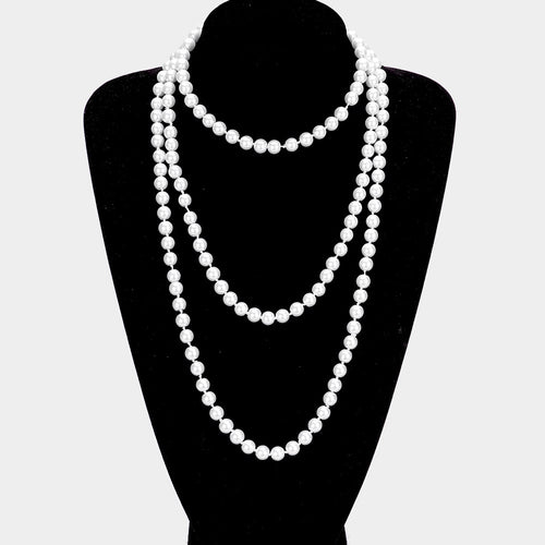 Women's Pearl Long Necklace - Rhodium, White