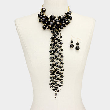 Madeline Love Black, Gold Pearl Cluster Vine Fringe Bib Necklace - Necklaces