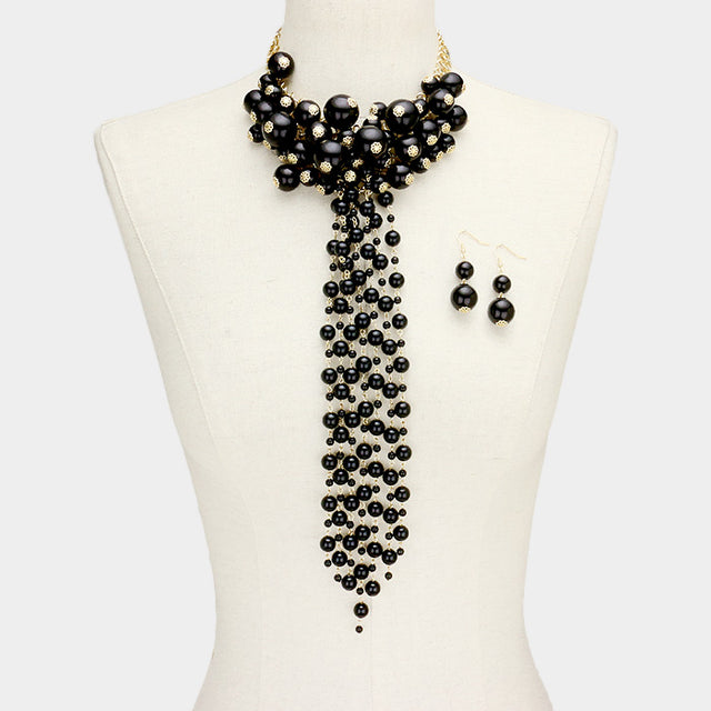 Madeline Love Black, Gold Pearl Cluster Vine Fringe Bib Necklace - Necklaces