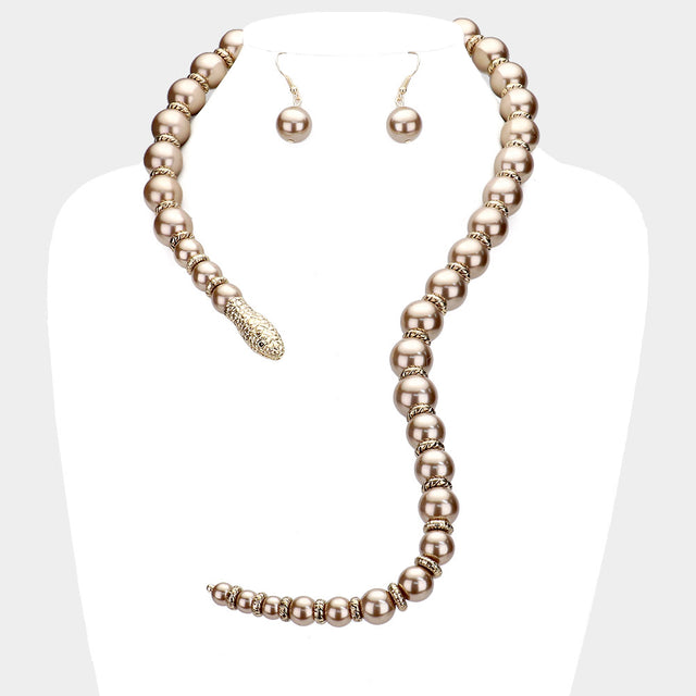 Madeline Love Bronze, Gold Pearl Beaded Snake Open Necklace - Necklaces
