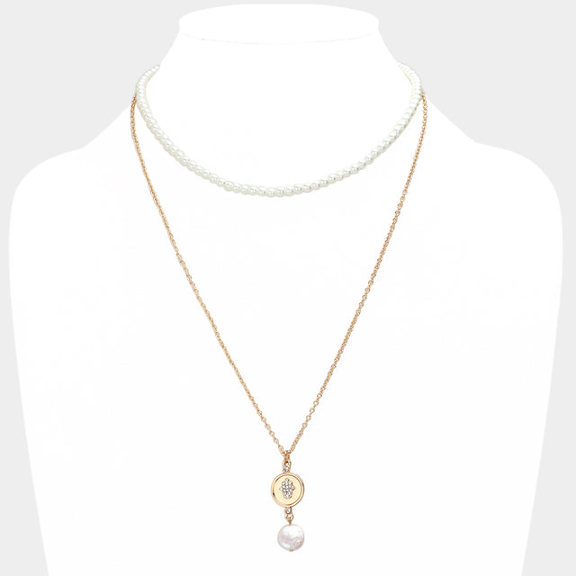 Madeline Love Cream Rhinestone Embellished Hamsa Hand Freshwater Pearl Link Double Layered Necklace