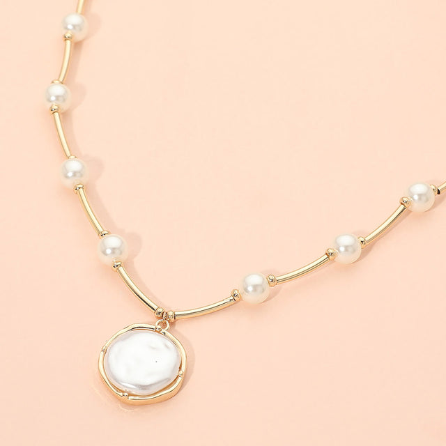 Madeline Love Cream, Gold Round Pearl Pendant Station Necklace
