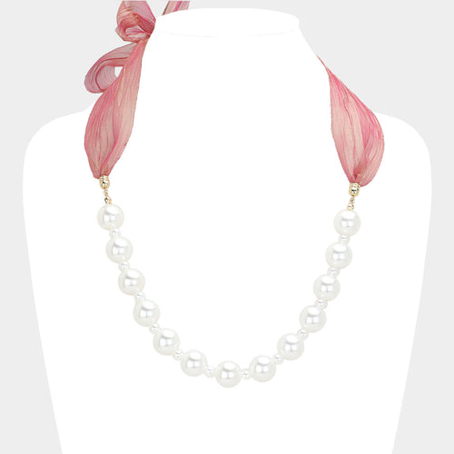 Ribbon Pearl Necklace - Pink, White