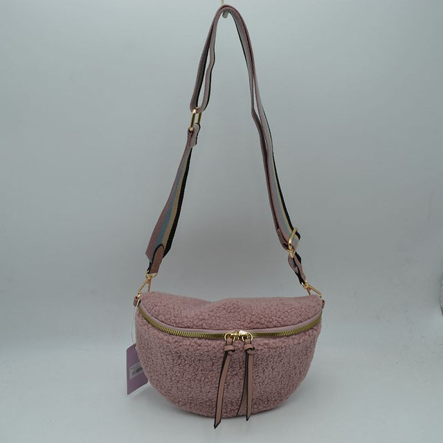 Textured Teddy Fleece Belt Bag with Adjustable Wide Strap - Pink - Crossbody Bags