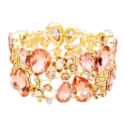 Glass Crystal Teardrop Floral Stretch Evening Bracelet - Peach