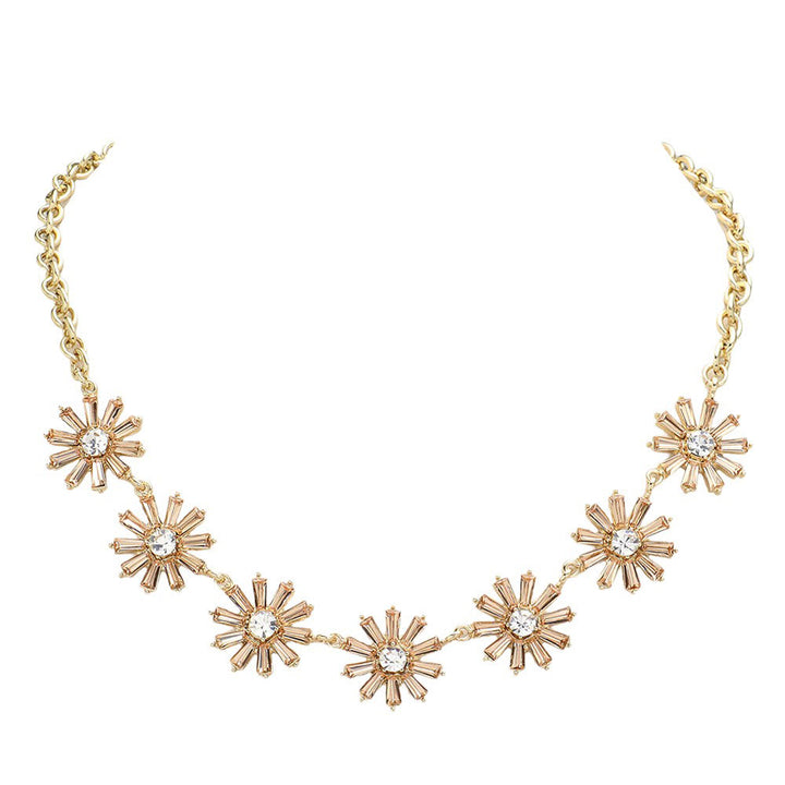 Peach-Glass Stone Embellished Flower Cluster Link Necklace, Add a touch of elegance to your look with this necklace. The necklace features a cluster of stunning glass stones in the shape of a delicate flower, giving it a charming and feminine appeal. Perfect for both casual and formal occasions, perfect gift choice.