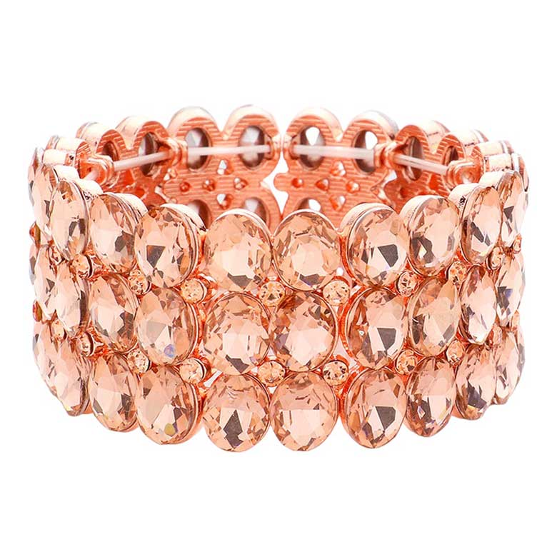 Peach Oval Stone Cluster Stretch Evening Bracelet, This beautiful bracelet features an elegant design with 14K rose gold plated accents and center stones for a stunning, eye-catching look. Enjoy the comfort of the elasticized fit and the glamour of special occasions. Perfect for your next formal event or evening out.