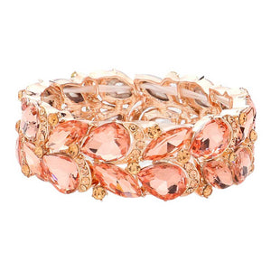 Peach Teardrop Stone Cluster Embellished Stretch Evening Bracelet is an eye-catching accessory. It features teardrop-shaped embellishments and sparkly stones clustered together to create a glamorous and sophisticated finish. The stretch fit makes it comfortable to wear for any special occasion or making an exclusive gift. 