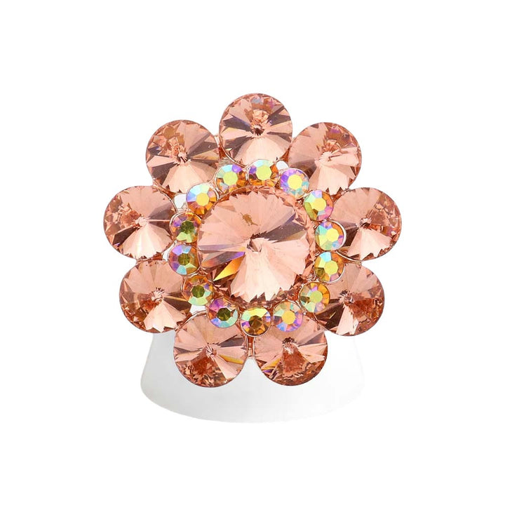 Peach Round Crystal Flower Stretch Ring, Provides a classic touch of elegance. Perfect for any special occasion or everyday wear. Perfect gift for Birthdays, Mother's Day, anniversaries, Weddings, Wedding Shower, Graduation, Prom Jewelry, Just Because, Thank you, or any other special occasion.