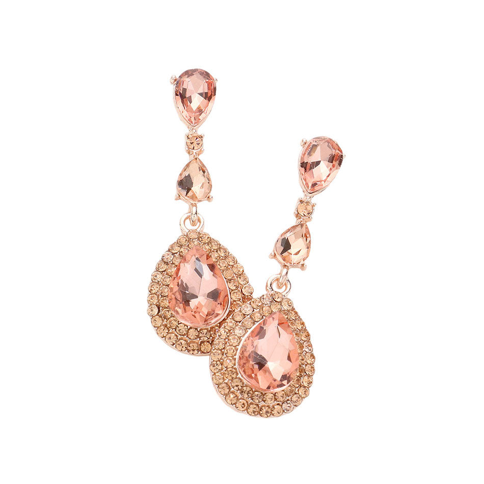 Peach Triple Teardrop Stone Link Dangle Evening Earrings, these fine evening earrings supply classic sophistication and beautiful detail with their triple teardrop stone link dangle design. These earrings are sure to eye-catching element to any outfit. Awesome gift for birthdays, anniversaries, wives, friends, and mothers.