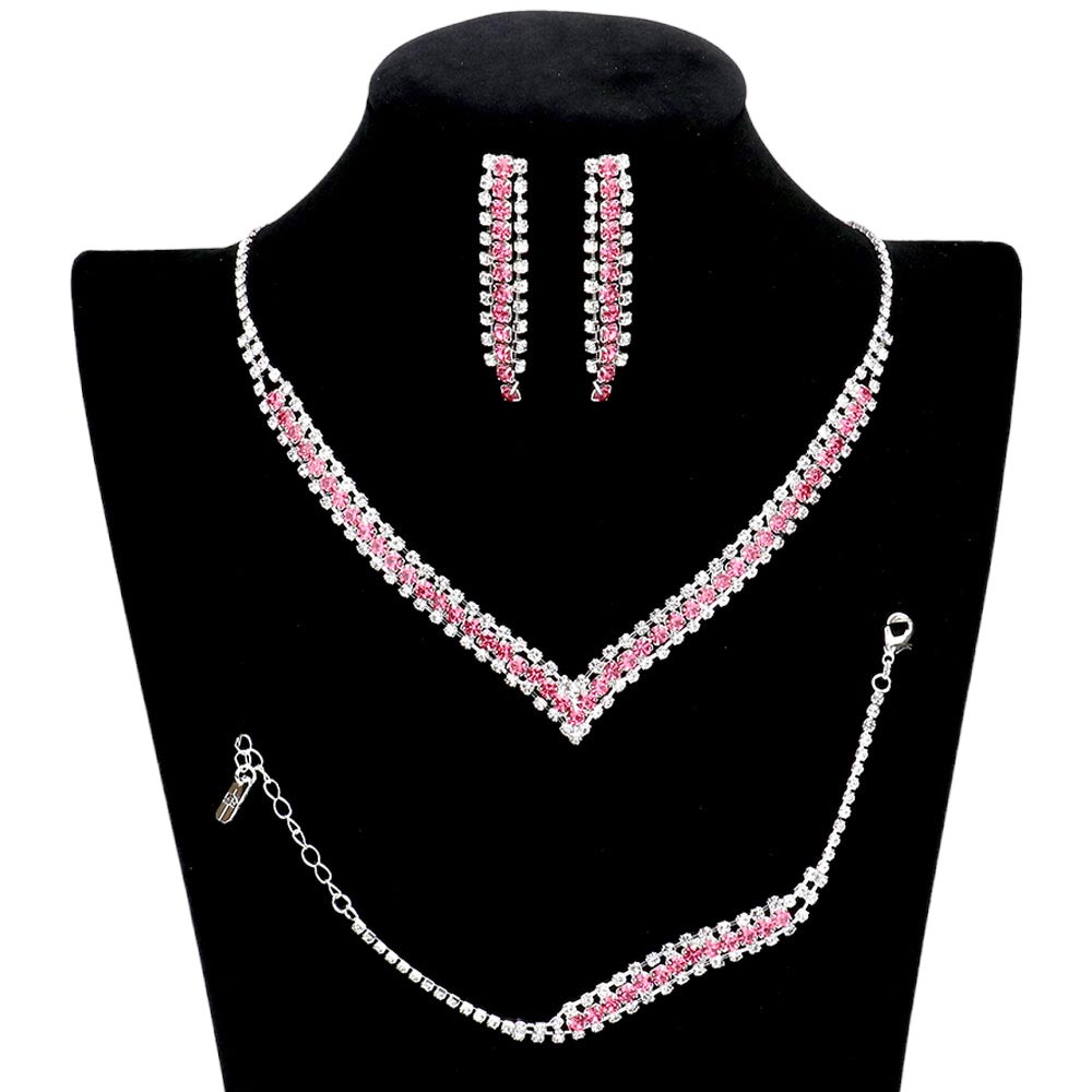 Pink 3PCS Round Stone Detail Rhinestone Necklace Jewelry Set, get ready with this rhinestone jewelry set to receive the best compliments on any special occasion. This classy rhinestone necklace is perfect for parties, weddings, and evenings. Awesome gift for birthdays, anniversaries, Valentine’s Day or any special occasion.