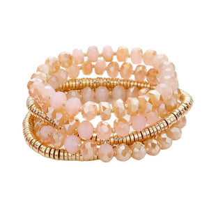 Pink 5PCS Faceted Beaded Heishi Beaded Multi Layered Stretch Bracelet, This set features 5PCS of faceted and heishi beaded strands. The unique design adds a touch of elegance to any outfit. The stretchy material provides a comfortable fit for all wrist sizes. Elevate your style with this versatile and eye-catching piece.