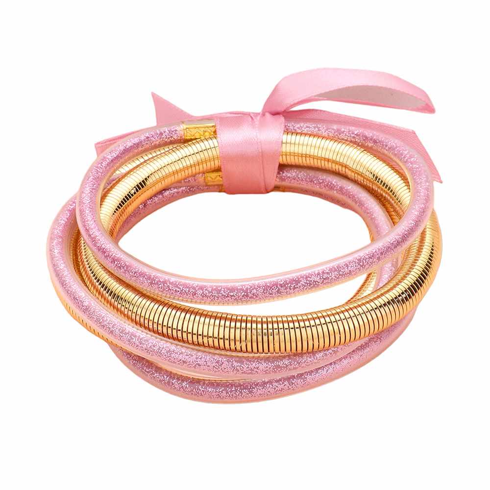 Pink 5PCS Glitter Jelly Tube Metal Elastic Layered Bracelets made with high-quality materials. The elastic design ensures a comfortable fit for all wrist sizes. 