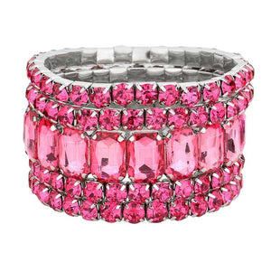 Pink 5PCS Rectangle Round Stone Stretch Multi Layered Bracelets, Add this 5 piece multi layered bracelet to light up any outfit, feel absolutely flawless. perfectly lightweight for all-day wear, coordinate with any ensemble from business casual to everyday wear, put on a pop of color to complete your ensemble. Awesome gift idea for birthday, Anniversary, Valentine’s Day or any special occasion.