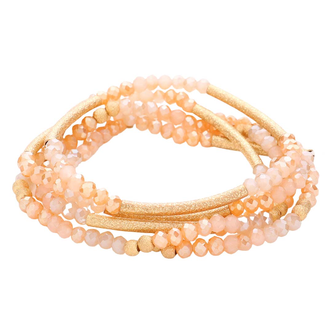 Pink 5Pcs Frosted Metal Cylinder Faceted Beaded Stretch Bracelets, these beaded stretch bracelets are easy to put on, and take off and so comfortable for daily wear. Perfect jewelry gift to expand a woman's fashion wardrobe with a classic, timeless style. Awesome gift for Valentine’s Day, or any meaningful occasion.