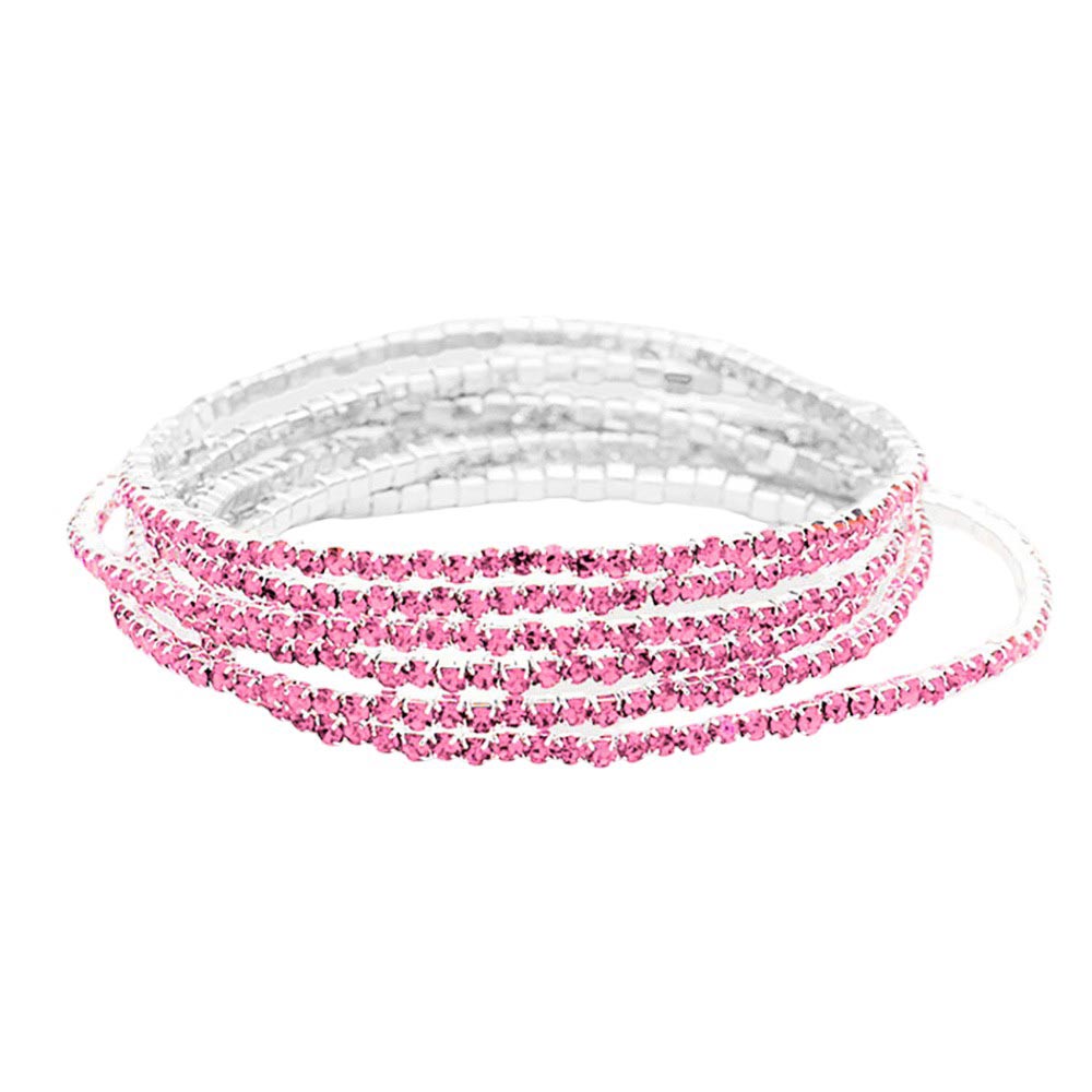Pink 6PCS - Rhinestone Multi Layered Stretch Evening Bracelets, Perfect for a formal event or adding some glam to your everyday look. The sparkling rhinestones will catch the light and make you shine! Get ready to turn heads and feel confident with each wear. The ideal choice for making a lovely gift to your loved ones.