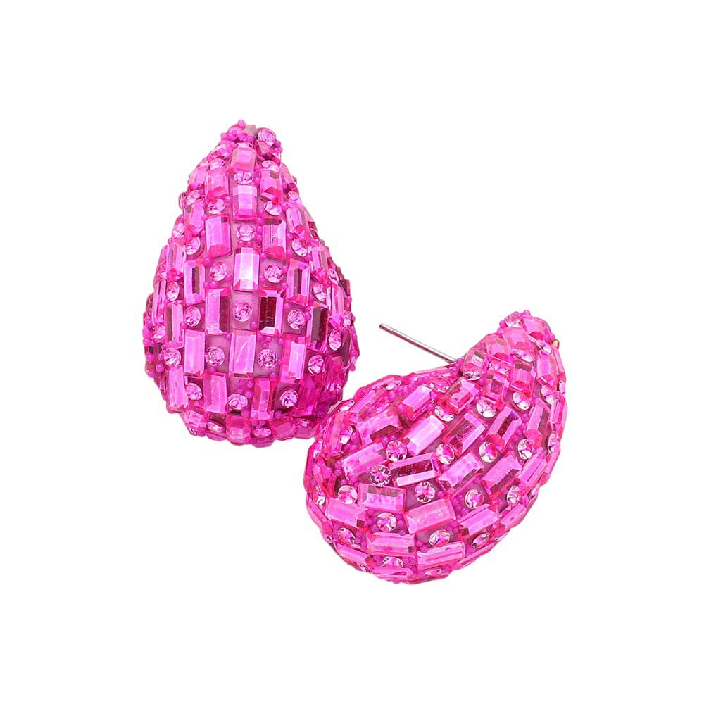 Pink Baguette Stone Embellished Teardrop Earrings, Made of high-quality materials, these earrings add a touch of elegance to any outfit. Featuring a unique teardrop design and sparkling baguette stones, these earrings are perfect for any occasion. With their timeless style and durable construction, they are a must-have.