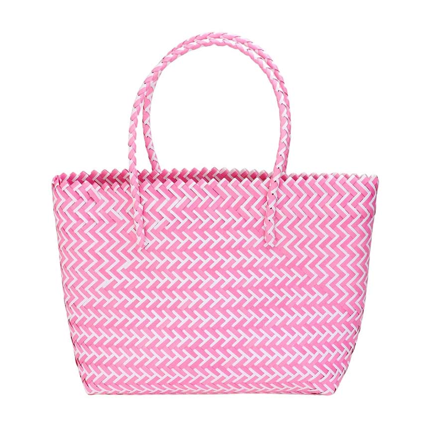 Pink Basket Woven Tote Bag Beach Bag is as functional as it is stylish. With a basket weave design, it's perfect for carrying all your beach essentials. The durable material ensures this bag will last for multiple seasons. Keep your belongings secure and in style with this tote bag.