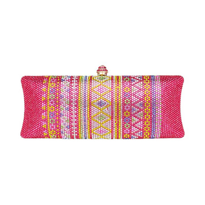 Pink Bling Aztec Print Evening Clutch Bag. Crafted from high-quality material, this sleek bag features an eye-catching Aztec print with a hint of sparkle. Perfect for adding a touch of sophistication to any special occasion. A great occasional gift idea for fashion-loving friends and family members.