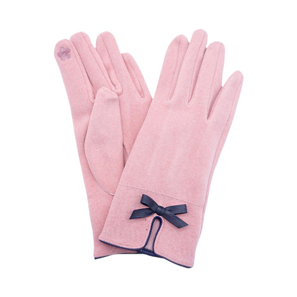 Pink-Bow Pointed Faux Suede Smart Touch Gloves , Crafted with soft faux suede and a charming bow detail, these gloves also feature touch screen compatibility for easy use of your devices. Stay warm and connected this winter with these versatile and chic gloves.