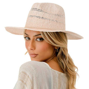 Pink Braided Trim Woven Straw Fedora Hat, Crafted with a woven straw material and a stylish braided trim, this fedora hat is the perfect accessory for any sunny day. The braided trim adds a touch of elegance and the straw material provides breathability, making it both fashionable and functional. It Protects from the sun.