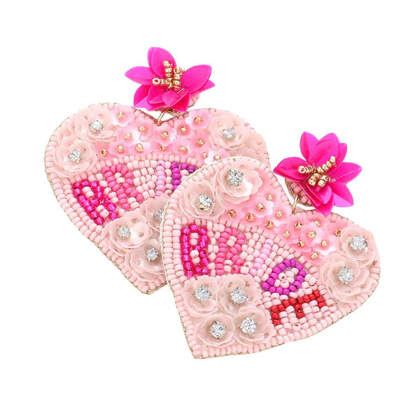 Pink Bride Message Felt Back Beaded Floral Heart Dangle Earrings, coordinate these beautiful earrings with any outfit to draw attention from the crowd everywhere, even on any occasion. Especially the wedding ceremony. These are the perfect gift for birthdays, anniversaries, Mother's Day, Graduation, etc.