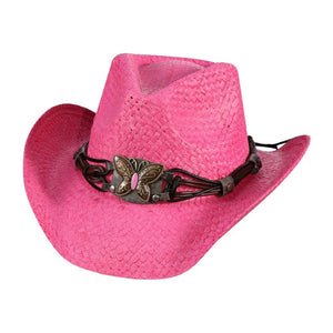 Pink Butterfly Accented Faux Leather Band Straw Cowboy Hat, This straw cowboy hat features a faux leather band adorned with beautiful butterfly accents. The combination of natural materials and elegant embellishments makes this hat a stylish and environmentally friendly accessory. Perfect gift idea for western lovers!
