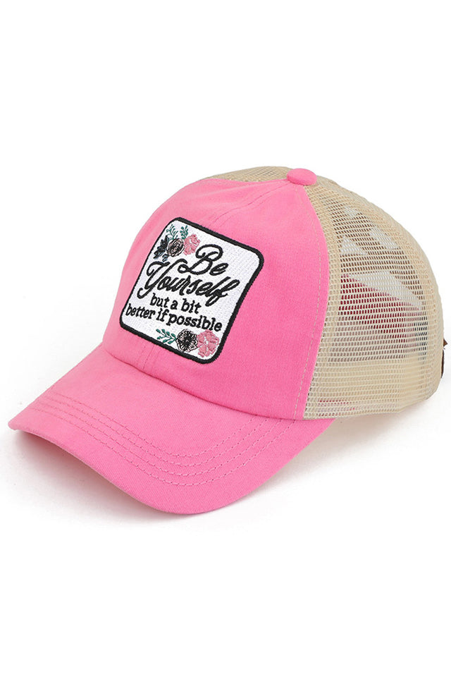 Pink C.C BE YOURSELF PATCH CRISS CROSS PONY CAP is both stylish and practical. With a unique criss-cross design and a "Be Yourself" patch, this cap is perfect for any fashion-forward individual. The pony cap style also allows for comfortable and convenient wear. Express yourself with this versatile and trendy accessory.