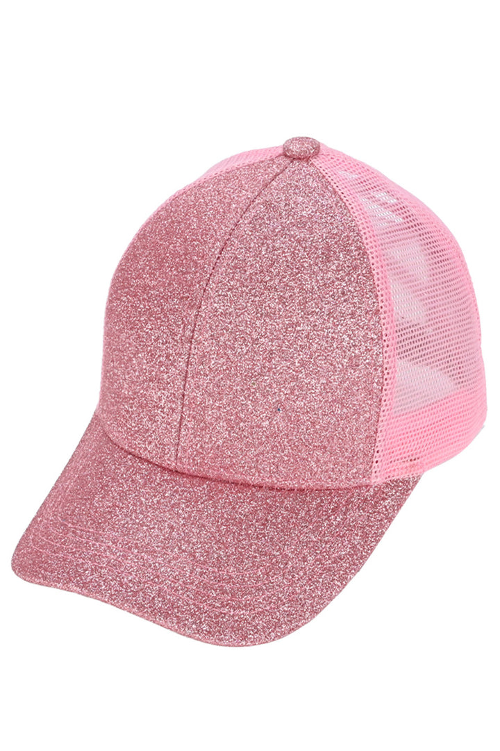 Pink C.C Glitter Mesh Back Criss-Cross Ponytail Cap features a glitter mesh back and criss-cross design, perfect for adding a touch of sparkle to any outfit. Its unique design allows for comfortable and secure wear while keeping your ponytail in place. A must-have accessory for any fashion-forward individual.