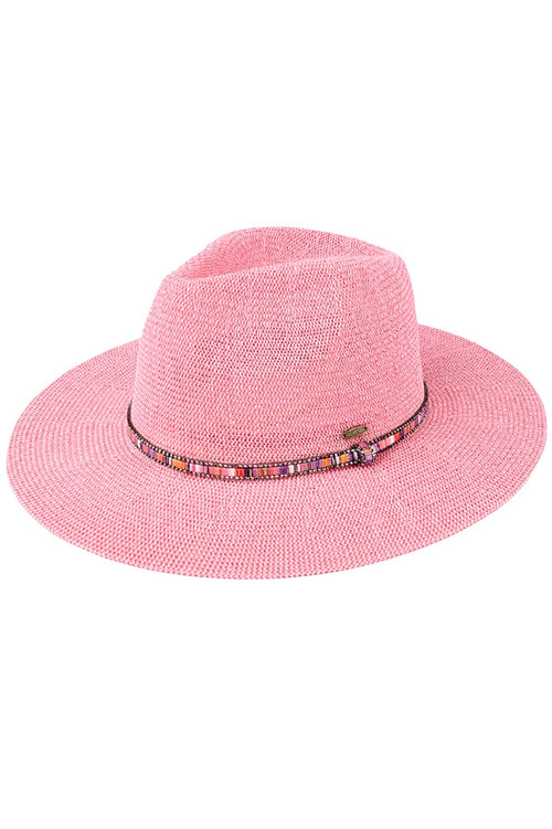 C.C Women's Multi Thread Rhinestone Trim Band Panama Hat - Pink