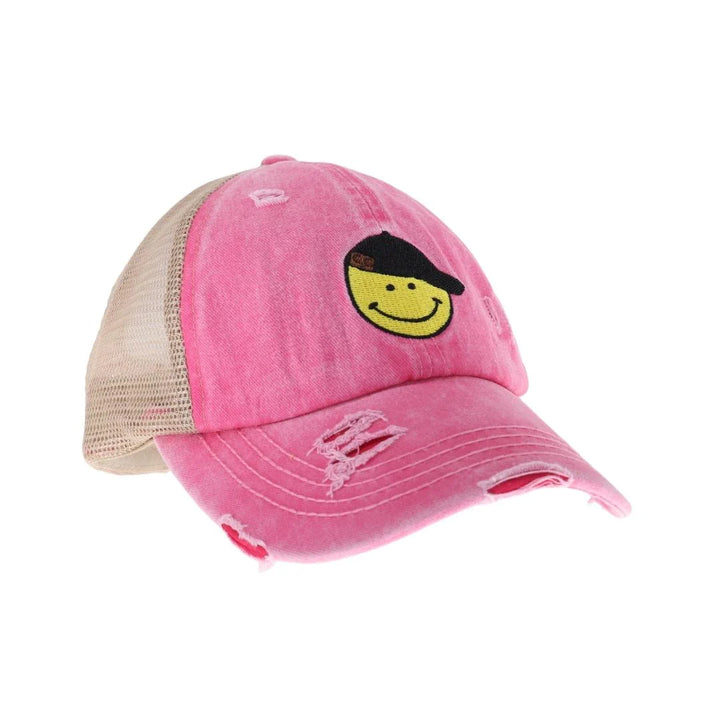 Pink C.C Smiley Face Embroidered Criss Cross High Pony C.C Ball Cap combines practical design with playful style. Featuring an embroidered smiley face and a criss-cross opening at the back, this cap is tailored to comfortably fit high ponytails. Made from durable, breathable fabric, it ensures a secure fit and all-day comfort, making it an excellent choice for active lifestyles or casual wear. This cap offers a smart solution for those who want to keep their hair up without sacrificing style. 