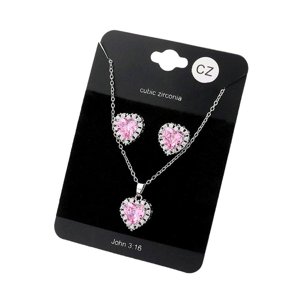 Pink CZ Heart Jewelry Set, this gorgeous jewelry set features a sparkling CZ heart pendant. Crafted to last, this jewelry set will be an elegant addition to any outfit. Gift for birthdays, anniversaries, Mother's Day, Graduation, Prom Jewelry, Just Because, Thank you, or any other meaningful occasion.