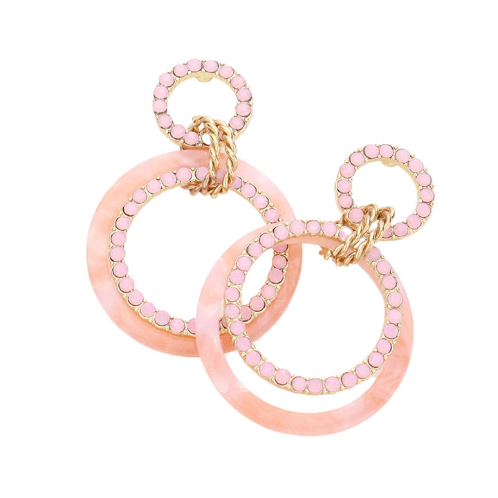 Tired of plain old earrings? Add some pizzazz to your look with these Pink Celluloid Acetate Rhinestone Embellished Open Circle Link Dangle Earrings! Embellished with rhinestones in open circles, these earrings are sure to sparkle. Perfect Birthday Gift, Anniversary Gift, Christmas Gift, Regalo Navidad, Regalo Cumpleanos