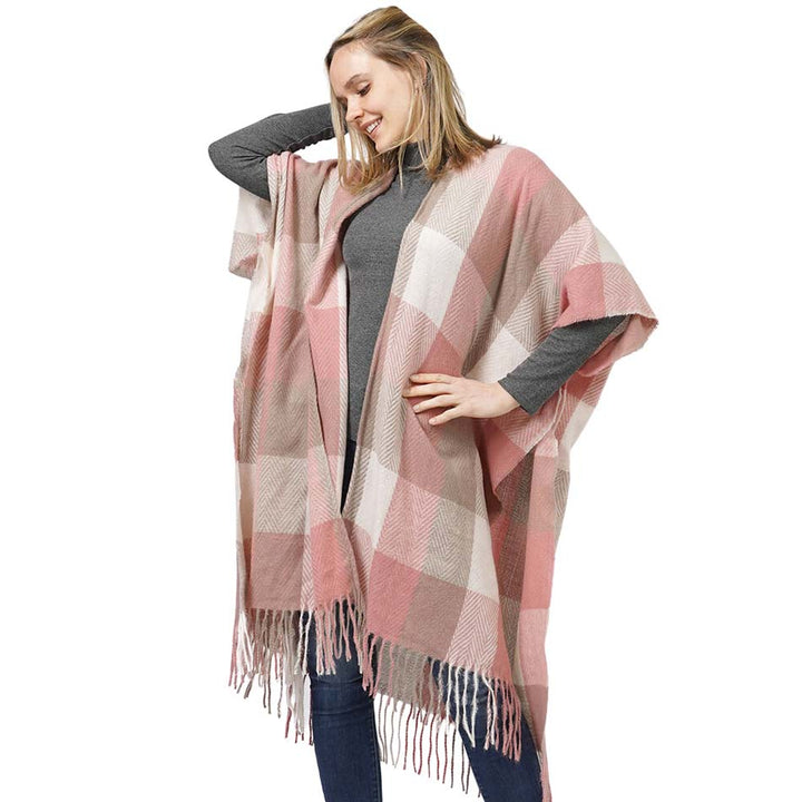 Pink Check Patterned Vest, with the latest trend in ladies' outfit cover-up! the high-quality knit poncho is soft, comfortable, and warm but lightweight. It's perfect for your daily, casual, party, evening, vacation, and other special events outfits. A fantastic gift for your friends or family.