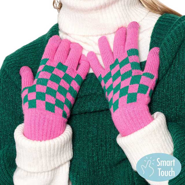 Pink Checkerboard Patterned Smart Touch Gloves, are the perfect companion for all your winter needs. These gloves provide a comfortable grip and amazing warmth that keeps your hands toasty. The smart touch technology makes it easy to access your phone or any other touchscreen device without removing your gloves.