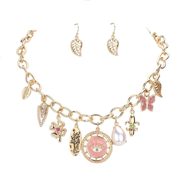 Pink Clover Eye Pearl Fleur De Lis Butterfly Pendant Necklace, is beautifully designed with a butterfly, clover, evil eye, and fleur de lis theme that will make a glowing touch on everyone. Perfect gift accessory for specially St. Patrick's Day and Mardi Gras to your friends, family, and the persons you love and care about.