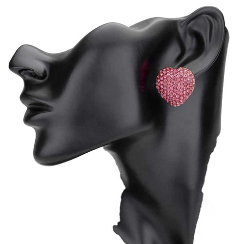 Crystal Embellished Heart Stud Earrings - Pink
