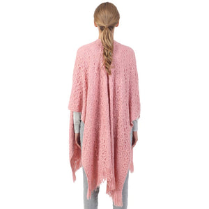 Pink Cut Out Detailed Fringe Poncho, with the latest trend in ladies' outfit cover-up! The high-quality knit poncho is soft, comfortable, and warm but lightweight. It's perfect for your daily, casual, party, evening, vacation, and other special events outfits. A fantastic gift for your friends or family.