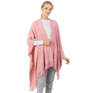Pink Cut Out Detailed Fringe Poncho, with the latest trend in ladies' outfit cover-up! The high-quality knit poncho is soft, comfortable, and warm but lightweight. It's perfect for your daily, casual, party, evening, vacation, and other special events outfits. A fantastic gift for your friends or family.