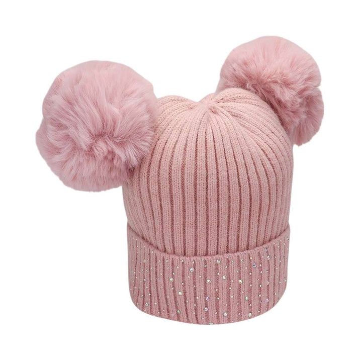 Pink Double Pom Pom Bling Studded Cuff Beanie Hat, stay warm and stylish with our beanie hat. This hat features two pom poms, studded accents, and a cozy cuff.