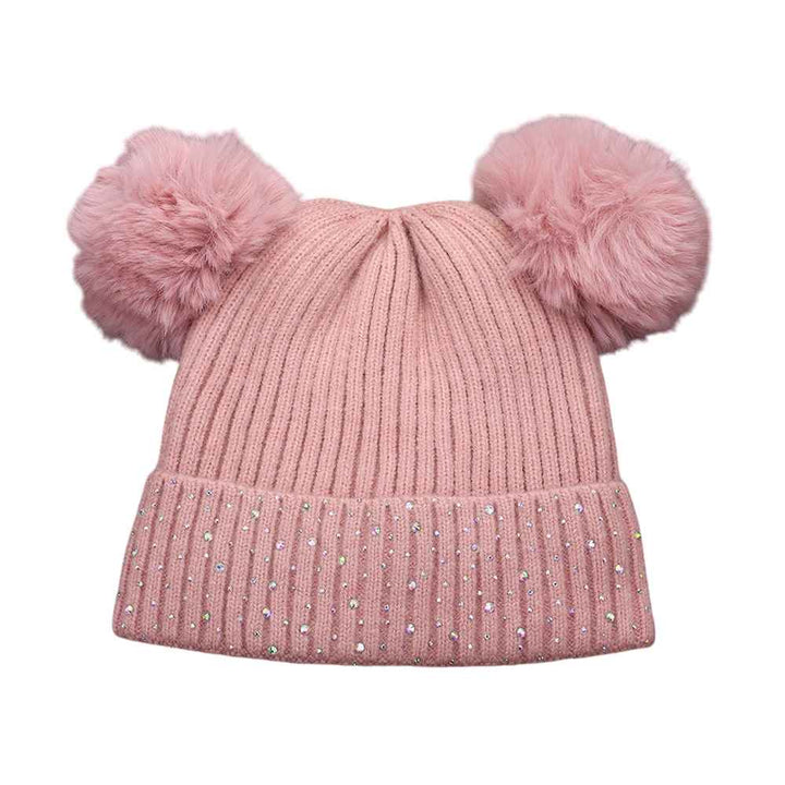 Pink Double Pom Pom Bling Studded Cuff Beanie Hat, stay warm and stylish with our beanie hat. This hat features two pom poms, studded accents, and a cozy cuff.